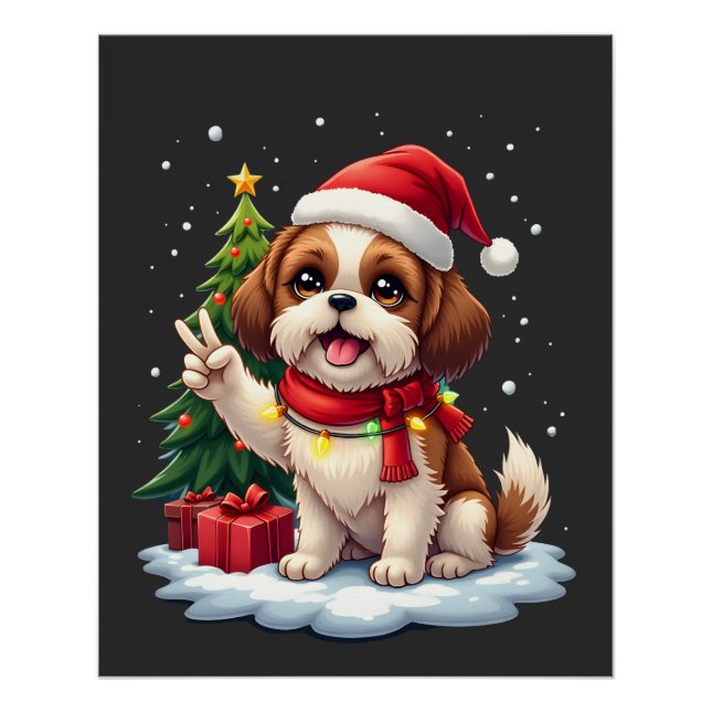 Póster Funny Peace Hand Shih Tzu Christmas Lights Womens  (Anverso)