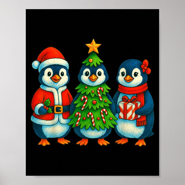 Póster Funny Penguin Christmas Lights Penguin Cute Xmas H (Frente)