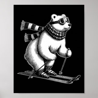 Póster Funny Polar Bear Loves Skiing In The Snow On Ski H