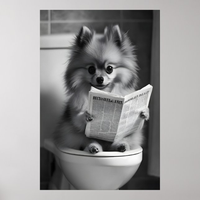 Póster Funny Pomeranian Bathroom Print, Newspaper Reading (Frente)