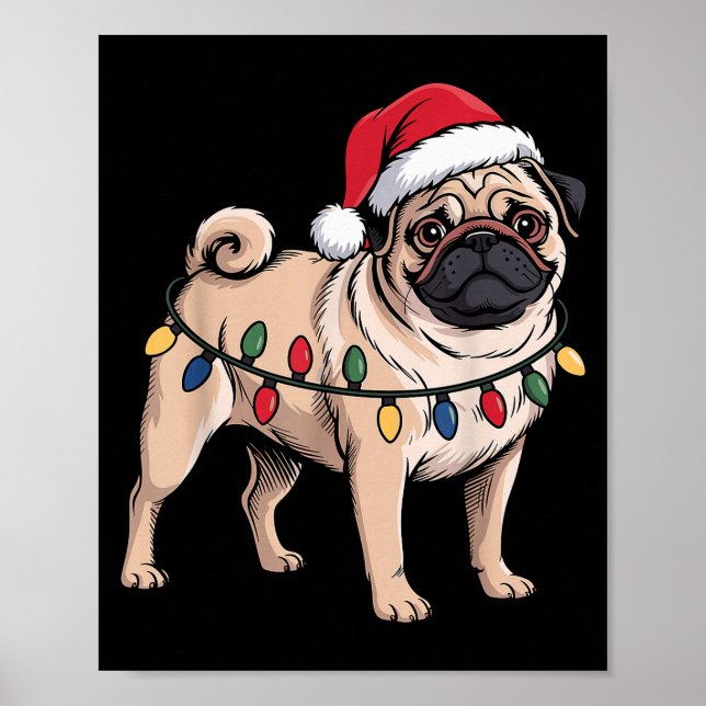 Póster Funny Pug Christmas Santa Hat Xmas Lights  (Frente)