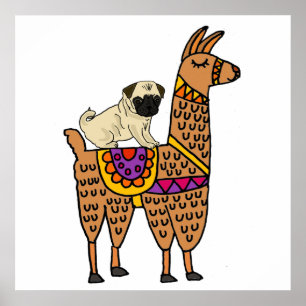 Póster Funny Pug Dog Riding Llama Personalizado