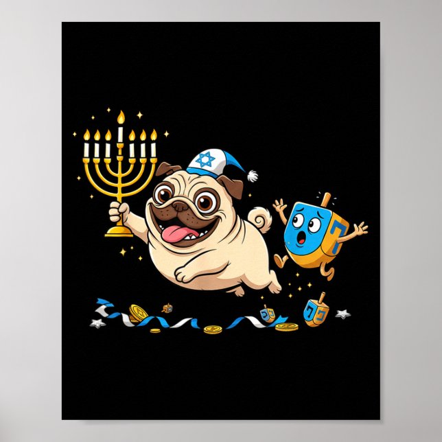 Póster Funny Pug Dreidel Menorah Hanukkah Kids Womens Men (Frente)