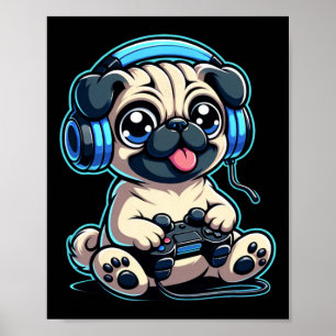 Póster Funny Pug Gamer Perro Juego Pug Pugs Video Juego 1