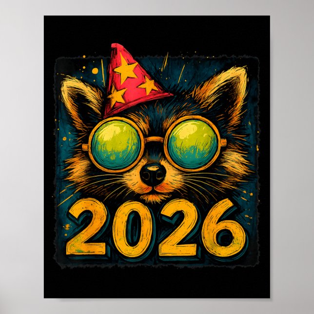 Póster Funny Raccoon 2026 New Year Party Animal Celebrati (Frente)