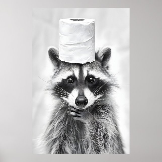 Póster Funny Raccoon Bathroom Print, Toilet Paper Hat (Frente)