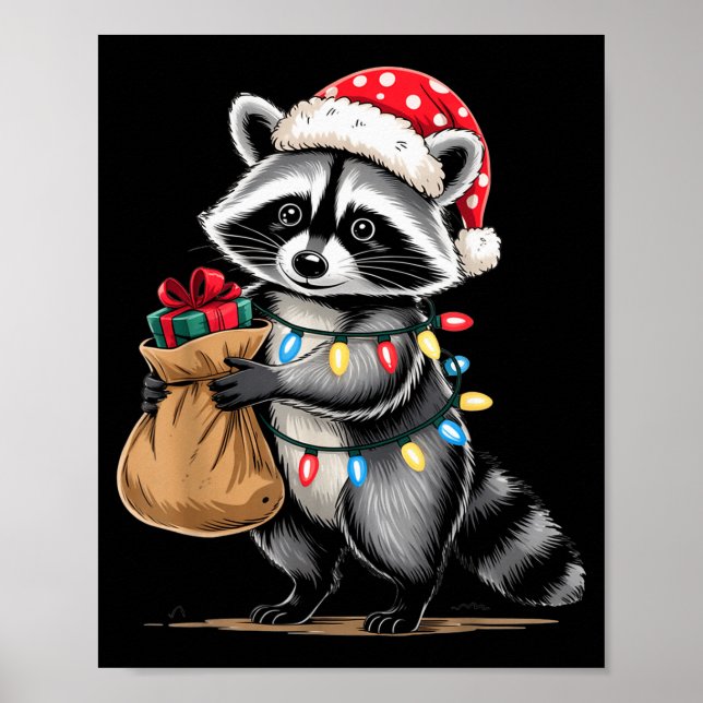 Póster Funny Raccoon Santa Hat Animals Lovers Ugly Christ (Frente)