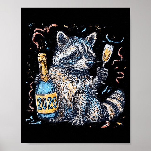 Póster Funny Raccoon With Champagne Disco Ball New Years  (Frente)