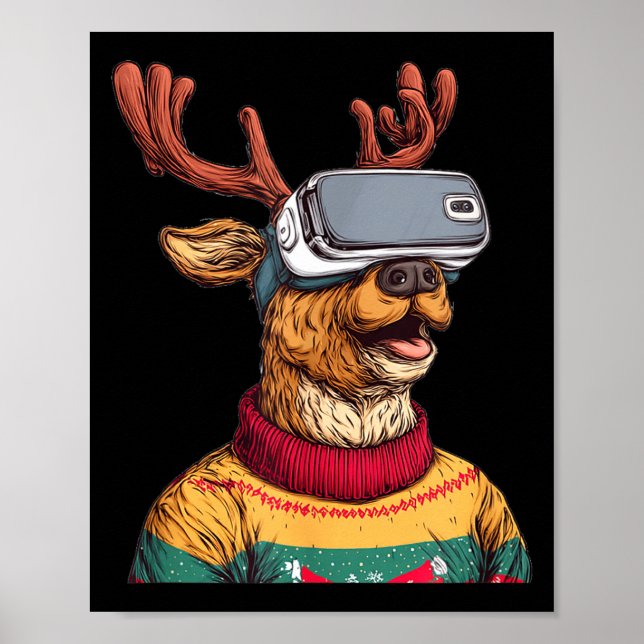 Póster Funny Reindeer In Christmas Sweater And Vr Headset (Frente)