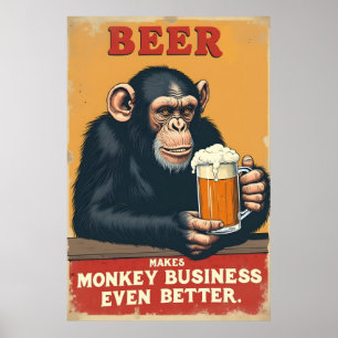 Póster Funny Retro Monkey Beer Art - Hace negocios de mon