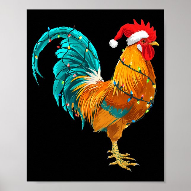 Póster Funny Rooster Chicken Santa Christmas Lights Farme (Frente)