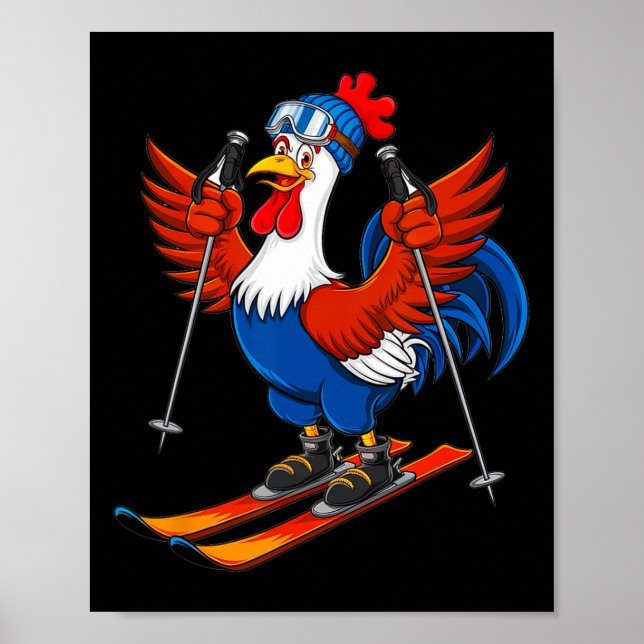 Póster Funny Rooster Skiing Adventure Cartoon  (Frente)
