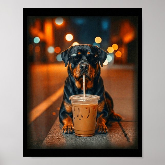 Póster Funny rottweiler drinking iced coffee lover dog (Frente)