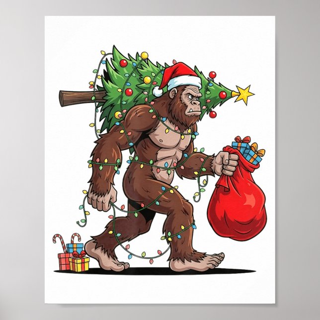 Póster Funny Santa Bigfoot Christmas Tree Lights Xmas Boy (Frente)