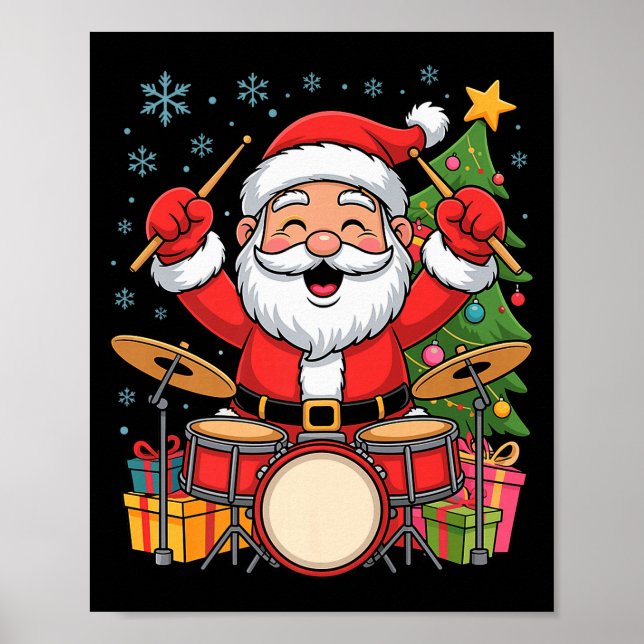 Póster Funny Santa Christmas Design Drums Holiday Xmas Pa (Frente)