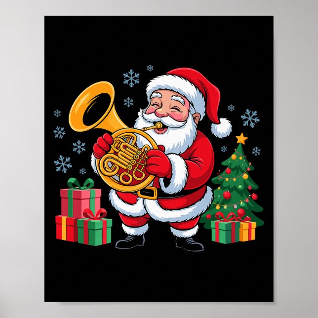 Póster Funny Santa Christmas Design French Horn Holiday X (Frente)