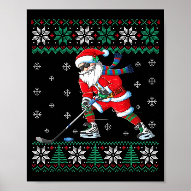 Póster Funny Santa Claus Christmas Ice Hockey Ugly Sweate (Frente)