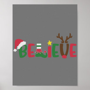 Póster Funny Santa Claus Hat Believe Snowflakes Christmas