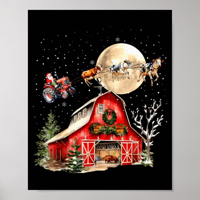 Póster Funny Santa Claus Tractor Cows Farm Farmer Christm (Frente)