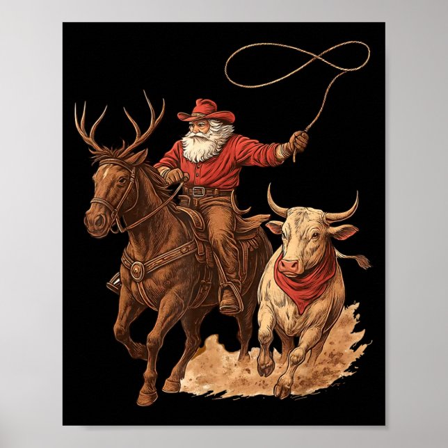 Póster Funny Santa Cowboy Rodeo Reindeer Western Horse Ro (Frente)