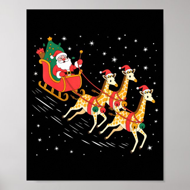Póster Funny Santa Giraffe Sleigh Flying Christmas Night  (Frente)