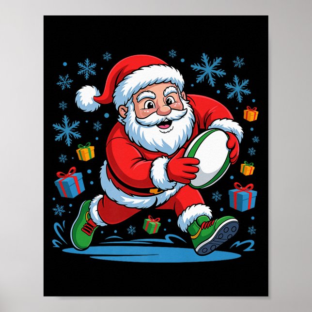 Póster Funny Santa Playing Rugby Holiday Christmas Xmas P (Frente)