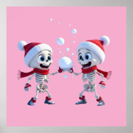 Póster Funny Santa Skeletons Having a Snowball Fight 