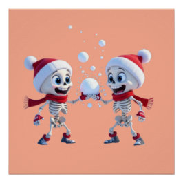 Póster Funny Santa Skeletons Having a Snowball Fight 