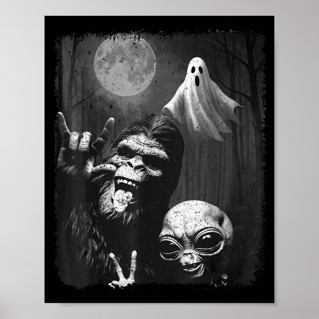 Póster Funny Sasquatch &amp; Alien Rock On Hand Sign Ghos (Frente)