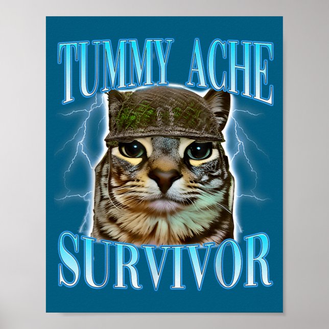 Póster Funny Saying Cats Tummy Ache Survivor Cat Meme Hum (Frente)