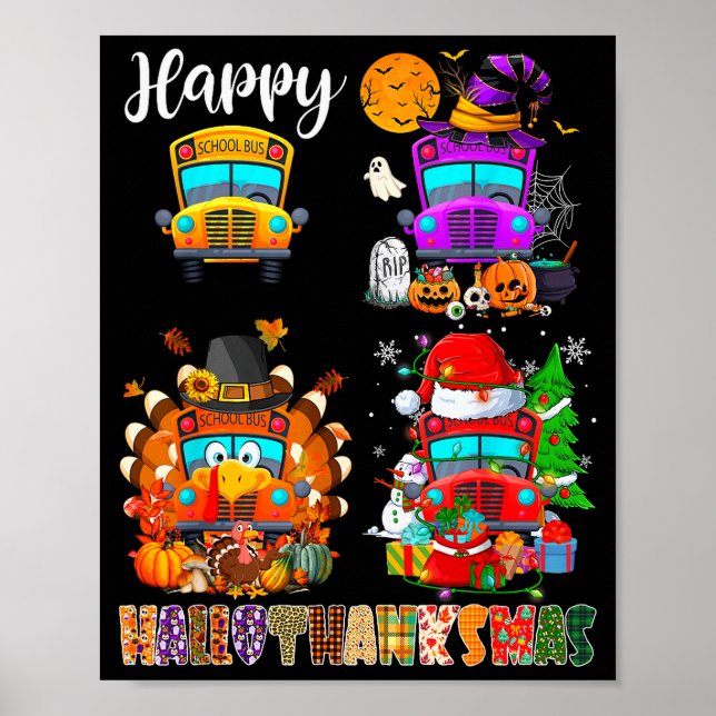 Póster Funny School Bus Witch Turkey Santa Happy Hallotha (Frente)