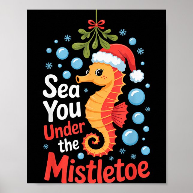 Póster Funny Sea Horse Christmas Seahorse Santa Hat Kids  (Frente)