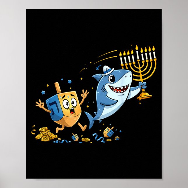 Póster Funny Shark Dreidel Menorah Hanukkah Kids Womens M (Frente)