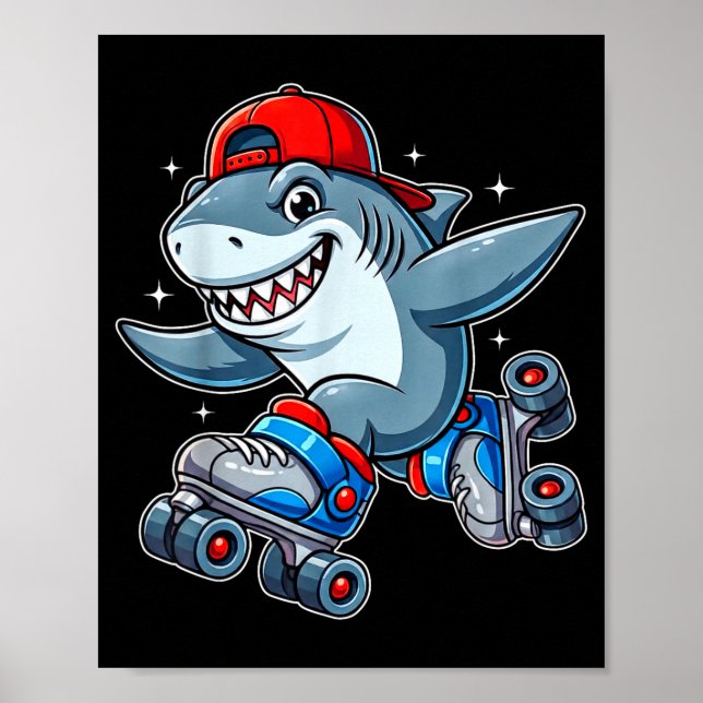 Póster Funny Shark On Roller Skates Cute Cool Skater Anim (Frente)