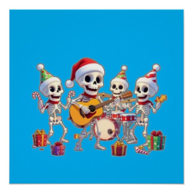Póster Funny Skeleton Band Christmas & New Year – 3D Cart (Anverso)