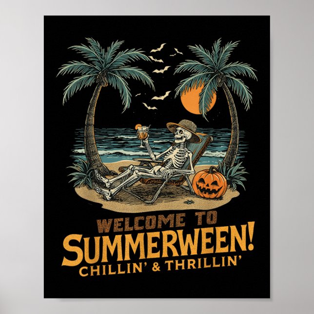 Póster Funny Skeleton Beach Sunset Spooky Vacaciones Hall (Frente)