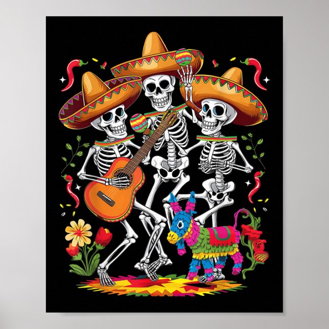 Póster Funny Skeleton Cinco De Mayo Fiesta Festival Mexic (Frente)