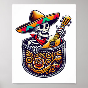 Póster Funny Skeleton Mariachi Guitar Pocket Cinco De May