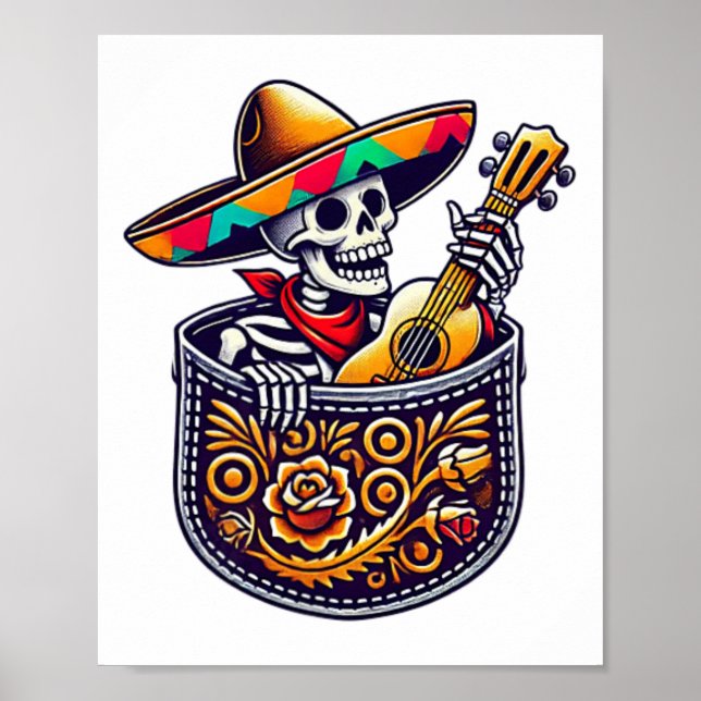 Póster Funny Skeleton Mariachi Guitar Pocket Cinco De May (Frente)