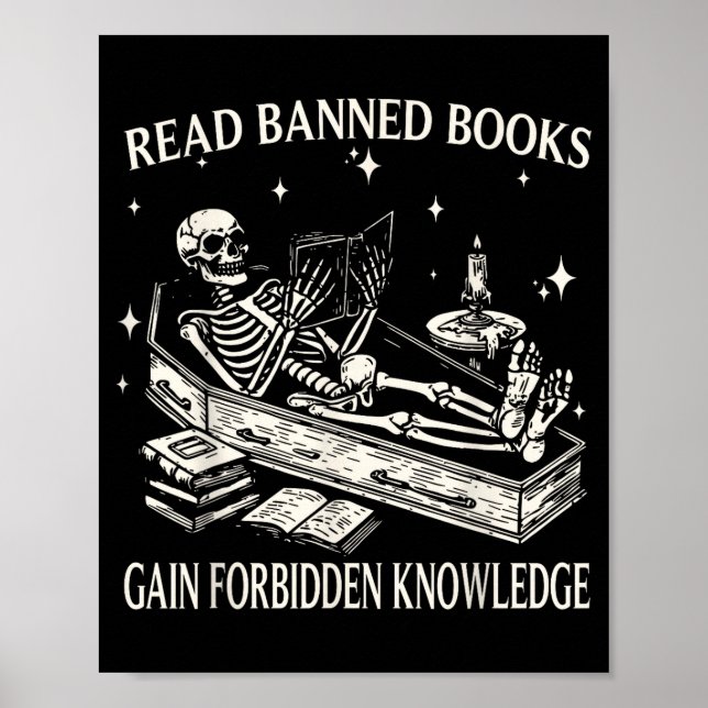 Póster Funny Skeleton Read Banned Books Gain Forbidden Kn (Frente)