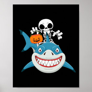 Póster Funny Skeleton Riding Shark Jack O'lantern Pumpkin