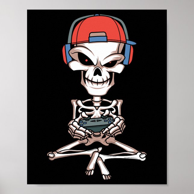 Póster Funny Skeleton Skull Video Gamer Halloween Set (Frente)