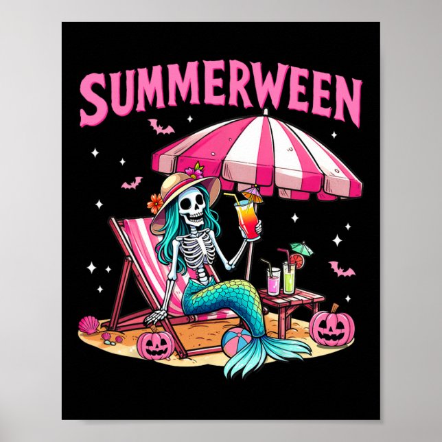 Póster Funny Skeleton Summerween Mermaid Beach Halloween (Frente)