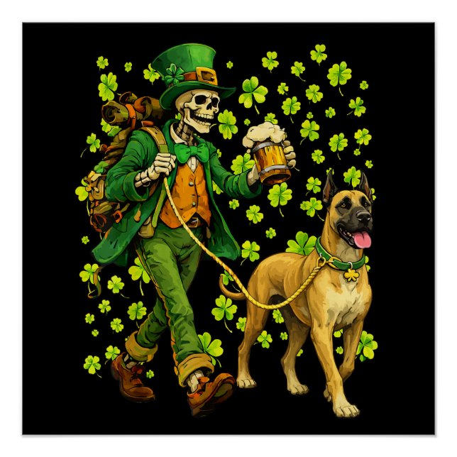 Póster Funny Skeleton Walking Great Dane Gothic Dog Lover (Anverso)
