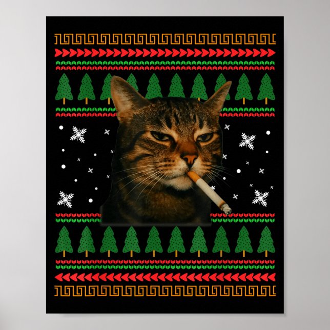Póster Funny Smoking Cat Meme Christmas Ugly Sweater Cat  (Frente)