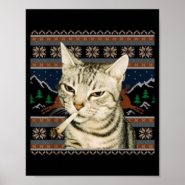 Póster Funny Smoking Cat Meme Christmas Ugly Sweater Cat  (Frente)