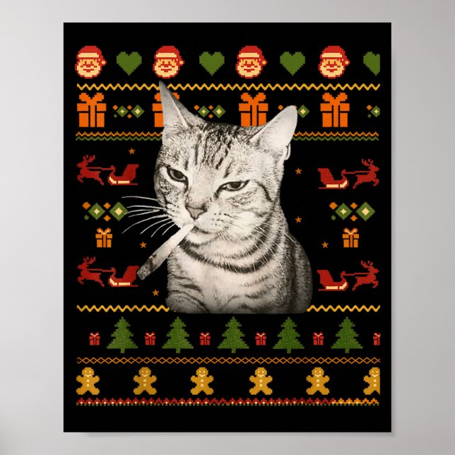 Póster Funny Smoking Cat Meme Christmas Ugly Sweaters For (Frente)