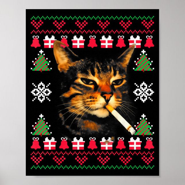 Póster Funny Smoking Cat Meme Ugly Christmas Sweater For  (Frente)