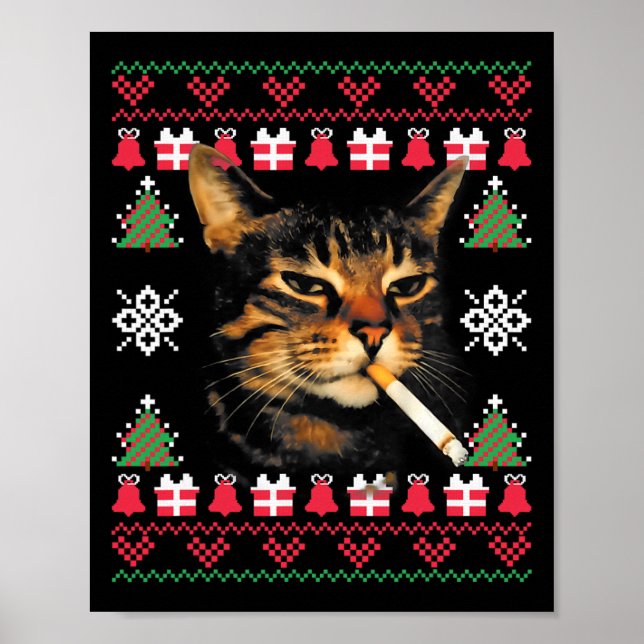 Póster Funny Smoking Cat Meme Ugly Christmas Sweater For  (Frente)