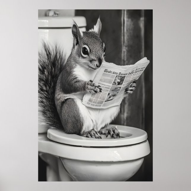 Póster Funny Squirrel Bathroom Print, Reading Newspaper (Frente)